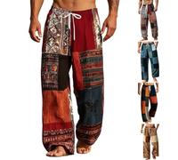 BUKKNYE Hippie Trousers for Men Patchwork Printed Bohemian Pants Oversized Drawstring Elastic Waisted Aztec Graphic Beach Yoga Bottoms Color Block Vintage Holiday Festival Casual Pants with Pockets