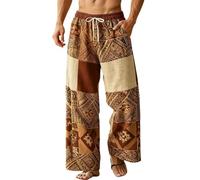 BUKKNYE Hippie Trousers for Men Patchwork Printed Bohemian Pants Oversized Drawstring Elastic Waisted Aztec Graphic Beach Yoga Bottoms Color Block Vintage Holiday Festival Casual Pants with Pockets