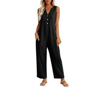 BUKKNYE Linen Summer Jumpsuits for Women UK Sleeveless V Neck Button Lightweight Casual Rompers Loose Fit Wide Leg Solid Harem Playsuits Leisure Tank Overall with Pockets Plus Size Black