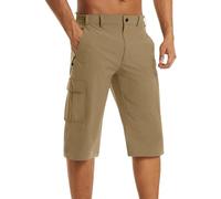BUKKNYE Men's 3/4 Capri Cargo Shorts Below Knee Length Slim Fit Stretch Casual Work Shorts Big&Tall Lightweight Summer Hiking Fishing Cycling Shirts with Multi Pockets(Khaki,3XL)
