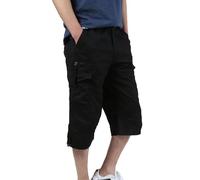 BUKKNYE Mens Cargo Capris 3/4 Length Knee Length Tactical Trousers Plus Size Elastic Waisted Durable Casual Work Pants Fishing Hiking Work Summer Shorts with Multi Pockets Black