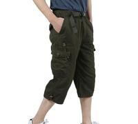 BUKKNYE Mens Cargo Shorts 3/4 Length Stretch Quick Dry Summer Casual Work Capri Long Short Pants Elastic Waisted Cotton Breathable Cropped Trousers with Multi Pockets Plus Size Green