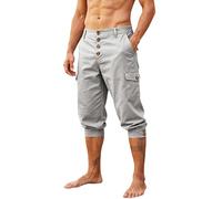 BUKKNYE Men's Casual Cargo Capri Pants with Multi Pockets Button Down Quick Dry Summer Beach Holiday Boho Trousers Vintage Cropped Shorts Big ane Tall Grey