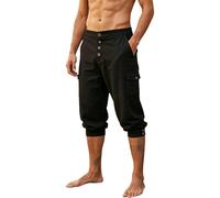 BUKKNYE Men's Casual Cargo Capri Pants with Multi Pockets Button Down Quick Dry Summer Beach Holiday Boho Trousers Vintage Cropped Shorts Big ane Tall Black