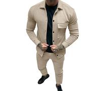 BUKKNYE Mens Full Tracksuit Set 2 Piece Casual Outfits Textured Button Down Lapel Jackets Skinny Chino Pants Sets Casual Smart Business Work Outfits with Pockets Khaki
