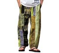 BUKKNYE Men's Hippie Trousers Cotton Linen Baggy Lightweight Elasticated Waist Trousers Regular Fit Patchwork Color Block Casual Summer Pants Lightweight Breathable Quick Dry Jogging Bottoms