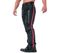 BUKKNYE Men's Leather Biker Trousers Trendy Slim Fit Side Stripe Stretch Elastic Faux PU Leather Pants Thicken Warm Motorcycle Style Nightclub Party Cosplay Trouser(Red,5XL)