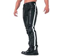 BUKKNYE Men's Leather Biker Trousers Trendy Slim Fit Side Stripe Stretch Elastic Faux PU Leather Pants Thicken Warm Motorcycle Style Nightclub Party Cosplay Trouser(White,S)