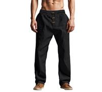 BUKKNYE Men's Linen Beach Yoga Trousers Plus Size Elastic Waist Button Fly Casual Summer Pants Lightweight Breathable Baggy Comfortable Beach Yoga Trousers Black