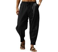 BUKKNYE Mens Linen Harem Pants Oversize Hippie Trousers Lightweight Drawstring Elastic Waist Big and Tall Hip Hop Trousers Yoga Hiking Workout Sweatpants with Pockets Black