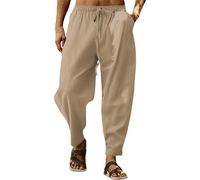 BUKKNYE Mens Linen Harem Pants Oversize Hippie Trousers Lightweight Drawstring Elastic Waist Big and Tall Hip Hop Trousers Yoga Hiking Workout Sweatpants with Pockets Khaki