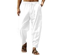 BUKKNYE Mens Linen Harem Pants Oversize Hippie Trousers Lightweight Drawstring Elastic Waist Big and Tall Hip Hop Trousers Yoga Hiking Workout Sweatpants with Pockets White