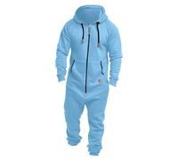 BUKKNYE Onesies Men's Hooded Jumpsuit Rompers Zip Up Drawstring Long Sleeve Playsuit One Piece Tracksuit Matching Pjs with Pockets for Women Light Blue