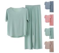 BUKKNYE Pyjamas Set for Women Sale Clearance, Loose Fit Short Sleeve Solid Color Tops and Wide Leg Pants 2 Piece Outfits Loungewear, Ice Silk Pajama Set Sleepwear