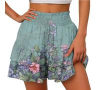 BUKKNYE Shorts for Women, Bermuda Shorts for Women 2024 Summer High Waisted Ruffle Shorts Floral Pleated Hem Casual Pants(Green,L)