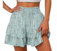 BUKKNYE Shorts for Women, Bermuda Shorts for Women 2024 Summer High Waisted Ruffle Shorts Floral Pleated Hem Casual Pants(Mint Green,XXL)