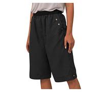 BUKKNYE Summer Shorts for Women UK Lounge Knee Length Half Pants Wide Leg Trousers Elastic Waist Loose Baggy Casual Cropped Trouser Plus Size Solid Color Trendy Beach Pants with Pockets B-Black
