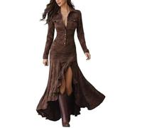 BUKKNYE Western Dress for Women Vestidos Vaqueros para Mujer Sexy Deep V Neck Button Up Long Sleeve Slim Fit Bodycon Dresses Retro Country Concert Dress Coffee