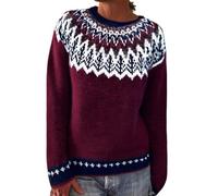 BUKKNYE Women Wool Jumper Knitted Fair Isle Natural Colours Long Sleeve Crew Neck Print Thick Warm Pullover Sweater Fair Trade Plus Size Wine