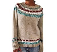 BUKKNYE Women Wool Jumper Knitted Fair Isle Natural Colours Long Sleeve Crew Neck Print Thick Warm Pullover Sweater Fair Trade Plus Size Khaki