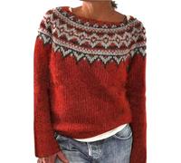 BUKKNYE Women Wool Jumper Knitted Fair Isle Natural Colours Long Sleeve Crew Neck Print Thick Warm Pullover Sweater Fair Trade Plus Size Red