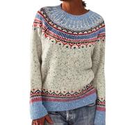 BUKKNYE Women Wool Jumper Knitted Fair Isle Natural Colours Long Sleeve Crew Neck Print Thick Warm Pullover Sweater Fair Trade Plus Size Beige