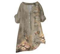 BUKKNYE Women's Bamboo Cotton Linen V Neck Button Down Shirt Short/Roll Up Sleeve Casual Collared Work Blouse Top