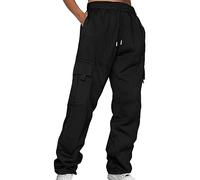 BUKKNYE Womens Cargo Sweatpants Plus Size Elastic Waist Baggy Fleece Joggers Pants Casual Work Bottoms with Big Pockets for Hiking Walking Running Cycling Travel(Black,XL)