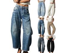 BUKKNYE Women's Elastic Waist Wide Leg Harem Trousers Hole Jeans Blue