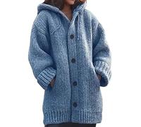 BUKKNYE Womens Open Front Long Sleeve Chunky Knit Cardigan Sweaters Oversized Button Lightweight Thicken Warm Winter Outwear Coat with Pockets Blue