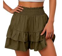 BUKKNYE Women's Plus Size Elastic Waist Scallop Trim Flowy Wide Leg Shorts(Coffee,L)