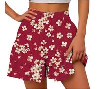 BUKKNYE Women's Plus Size Elastic Waist Scallop Trim Flowy Wide Leg Shorts(Red,L)