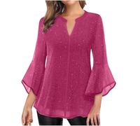 BUKKNYE Women's Sequin Blouse Ruffle 3/4 Sleeve V Neck Slim Fit Sparkly Tunic Shirts Glitter Shinny Evening Party Tops Chiffon Lightweight Mesh Casual Going Out Outfits Hot Pink