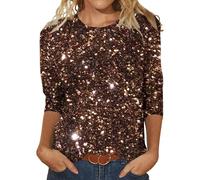 BUKKNYE Women's Sequin Tops Party Cocktails Glitter Shirt Plus Size 3/4 Sleeve Crew Neck Fashion Blouse T Shirts for Holiday Evening Party Club Night A-Brown