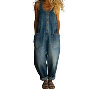 BUKKNYE Women's Vintage Denim Jean Overalls Regular Fit Stretch Straight Leg Roll-Up Baggy Bib Dungarees Oversized Washed Cotton Button Front Sleeveless Jeans Coveralls with Pockets for Women UK
