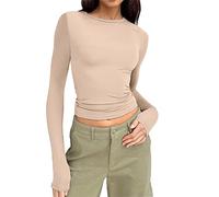 BUKKNYE Women's Y2K Long Sleeve Tops Skin Tight Fitting Crew Neck Basic Shirts Solid Color Aesthetic Clothes Going Out Tops for Ladys Beige