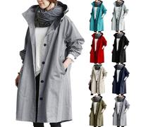 BUKKNYE Womens's Long Hooded Rain Jackets Button Down Lightweight Waterproof Trench Coats Oversize Autumn Outdoor Cycling Bike Jacket Windbreaker Hooded Trench Coat Grey
