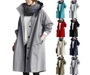 BUKKNYE Womens's Long Hooded Rain Jackets Button Down Lightweight Waterproof Trench Coats Oversize Autumn Travel Jacket Windbreaker Trench Coats Women Grey