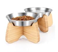 BULANGDE Raised Cat Bowls with Bamboo Stand, Stainless Steel Shallow Dishes for Food & Water, Non-Slip Elevated Feeder for Whisker Fatigue, Easy to Clean, for Cat, Kitten, Small Dog & Rabbit (2 Pack)