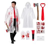 BULAWAN 7pc Adults Psycho Costume for Mens Halloween Costumes | Include Clear Rain Coat Fake Blood Fake Axe Red Tie etc Psycho American Film Serial Killer Outfit for Halloween Party