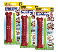BulbHead Bonanza Bone Toothbrush, Infused with Real Bacon Flavor - Dogs Brush Chewing, Plaque and Tartar Remover for Teeth, Works 3 Ways to Clean While They Play, 8 in. x 2 in, Red