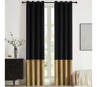 BULBUL Black Gold Color Block Window Curtains Panels 96 inches Long Velvet Farmhouse Drapes for Bedroom Living Room Darkening Treatment with Grommet Set of Black Gold