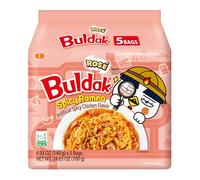 Buldak Spicy Ramen Noodles Multipack - 5 Packs | Korean Instant Noodles | Rose, Quattro, Cream Carbo & Carbonara Flavours | Hot Chicken Noodles | Spicy Korean Food Variety (140gx5, Rose)