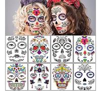 BULEFSEA 8 Sheets Day of The Dead Temporary Face Tattoos Halloween Sugar Skull Stickers for Women Men Adults Black Skeleton Glitter Mexican Halloween Masquerade and Parties Decor Supplies