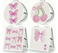 Bulerrylulu 4 Pcs Pink Bow Diamond Painting Compact Mirror Gem Art Mirror Pocket Mirror Compact Diamond Art Small kit for Beginners Adults DIY Art Craft Woman Gifts