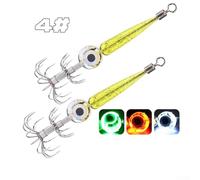 Bulevisiter 2Pcs LED Glow Squid Jig Hooks ABS Luminous Fishing Lures with Reflective Beads for Night Fishing Squid Cuttlefish Octopus, Green and Pink Yellow, Size 9.5cm 4# and 7.5cm 5#(4# Yellow)