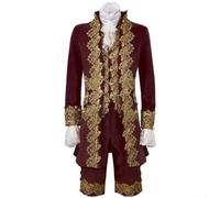 Bulevisiter Gentlemen Historical Costume Set Victorian Renaissance Tudor Rococo Style Coat Vest Trousers Dickie Wrist Ornaments for Reenactment(M Red)