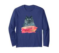 Bulgakov Master and Margarita Cyrillic Quote Cat Long Sleeve T-Shirt, Adult Unisex, Navy Blue, X-Large