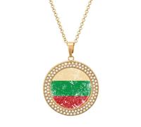 Bulgaria Vintage Flag Fashion Necklace Chain Round Graphic Pendant with Diamond Jewellery Golden-style