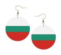 Bulgarian Flag Round Leather Earrings Gold, Double-Side Printed Drop Dangle Jewelry for Women, for Festival Party Gift